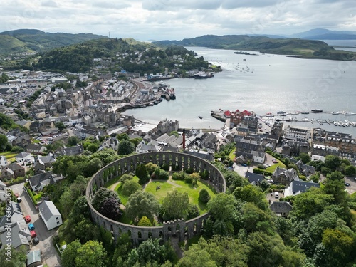 Canvas Print Aerial view of McCaig's Tower and Battery Hill, located in Oban, Scotland