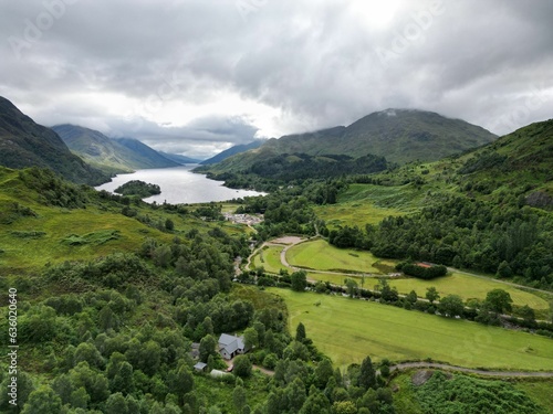 Aerial view of the Glenfinnan Viaduct and Loch Shiel in the Highlands of Scotland