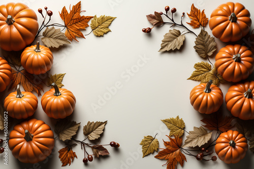 Halloween background concept. Autumn leaves and Halloween pumpkins on white background high angle view. Autumn concept frame.
