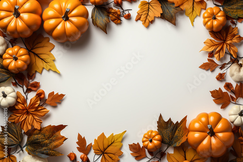 Halloween background concept. Autumn leaves and Halloween pumpkins on white background high angle view. Autumn concept frame.