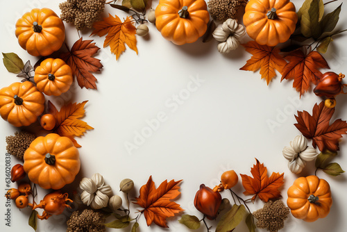 Halloween background concept. Autumn leaves and Halloween pumpkins on white background high angle view. Autumn concept frame. Copy space for text