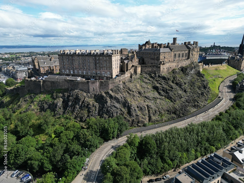 Fototapeta premium Aerial view of Edinburgh Castle in Edinburgh, Scotland with trees and buildings in the foreground