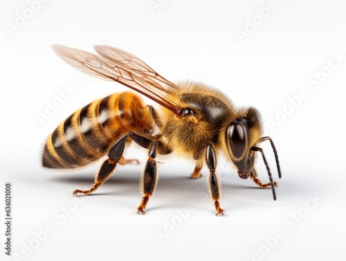 Close-up of a bee on a white background, its black and yellow stripes clearly visible. © Sebastian Studio