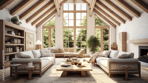 Interior of attic living room with wooden walls, wooden floor, comfortable sofa and coffee table. 