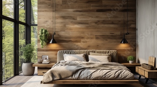 Interior of modern bedroom with wooden walls, concrete floor, comfortable king size bed and wooden wardrobe. 