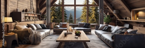 cozy living room with mountain view in the background. photo