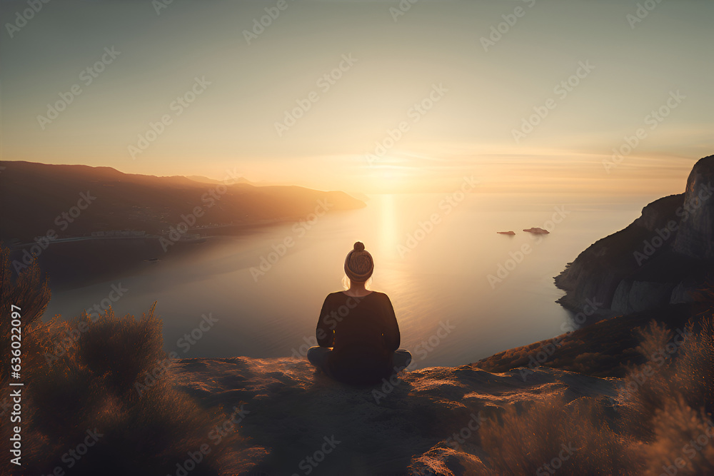 Woman meditating, sitting on the top of the mountain with beautiful ocean view. Generative AI.