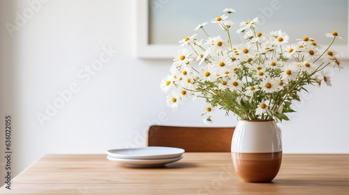  a vase of daisies on a table with a plate.  generative ai © Anna