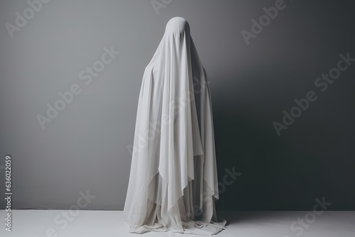 A girl in a Ghost costume on a gray background