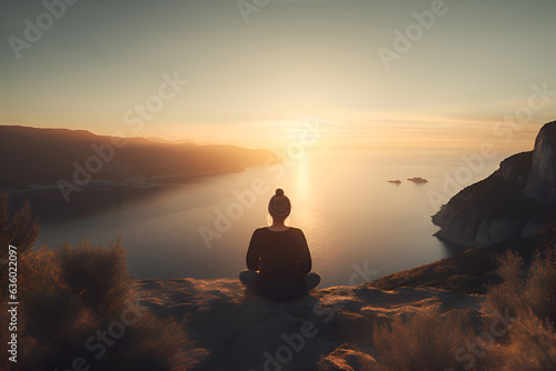 Woman meditating  sitting on the top of the mountain with beautiful ocean view. Generative AI.