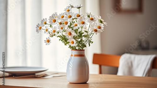  a white vase filled with white and yellow flowers on a table. generative ai