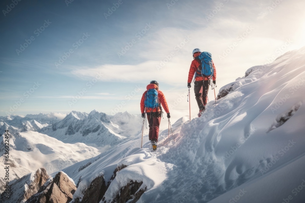 Two climbers climb to the top of a snowy mountain. Professional hiking. Climbing team. Tourism or sport life style concept. Illustration for cover, card, postcard, interior design, decor or print, nig