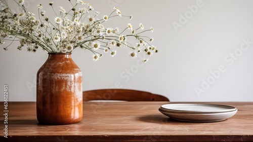  a brown vase with white flowers on a table next to a plate.  generative ai