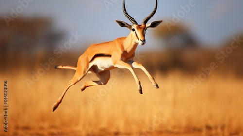  a gazelle jumping in the air in a field of tall grass.  generative ai photo