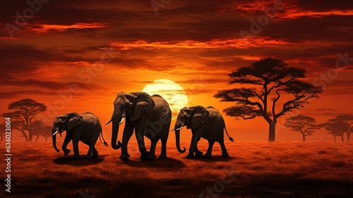  a group of elephants walking across a grass covered field at sunset. generative ai