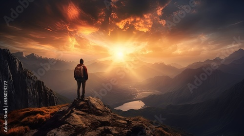 Man s shadow admires setting sun from mountain peak. silhouette concept