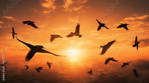 Silhouettes of Ibises in a group © HN Works