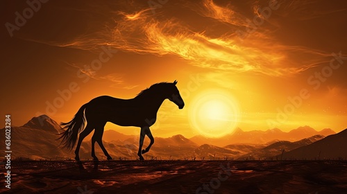 Sepia toned silhouette of Arabian horse grazing beneath sun