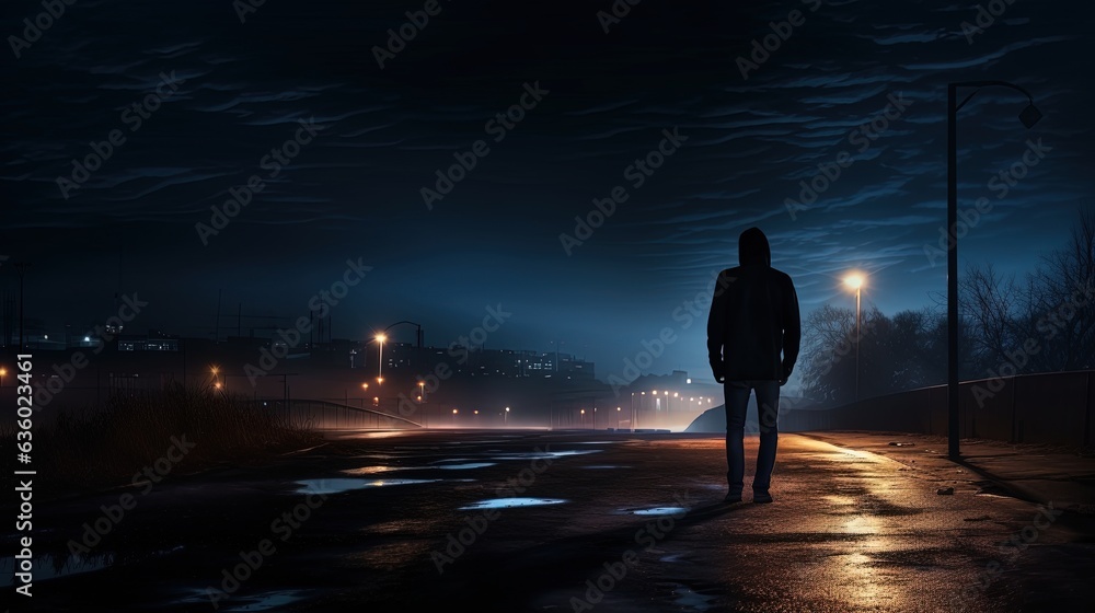 The lone young man wandered the night road. silhouette concept The lone young man wandered the night road. silhouette concept