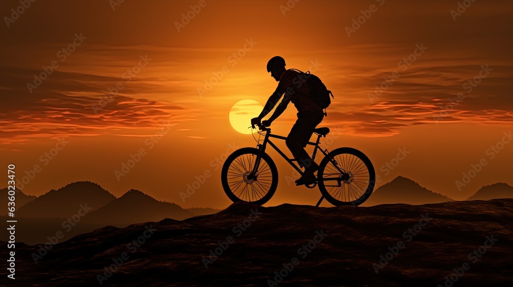 Sunset silhouette of a man cycling on a mountain bike