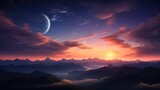 Sunset clouds with fiery hues moon and stars above a mountain outline. silhouette concept