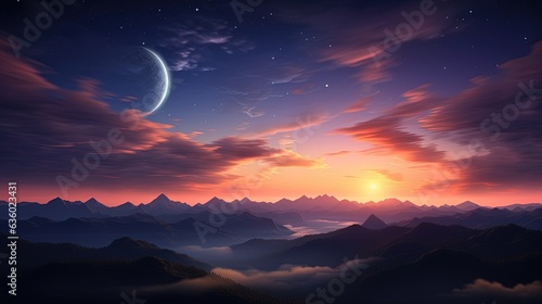 Sunset clouds with fiery hues moon and stars above a mountain outline. silhouette concept