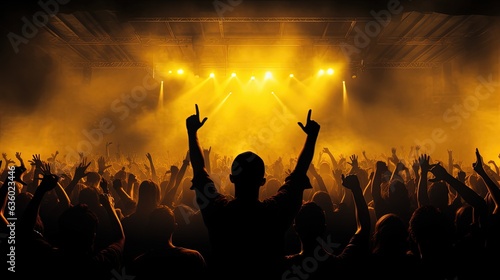 Concert crowd shadows against vibrant yellow stage lights. silhouette concept
