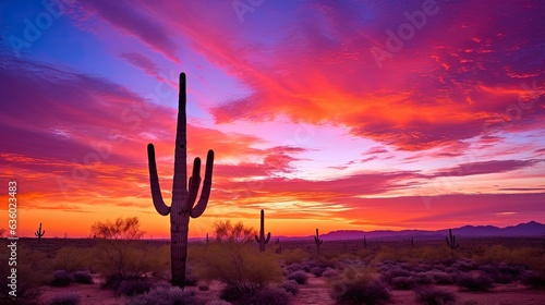 The colorfully lit sky and saguaro silhouette signifies the Southwest