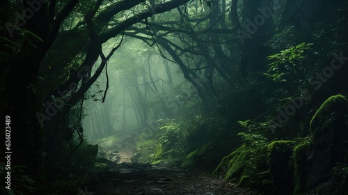 Hazy view among dense forest foliage. silhouette concept © HN Works