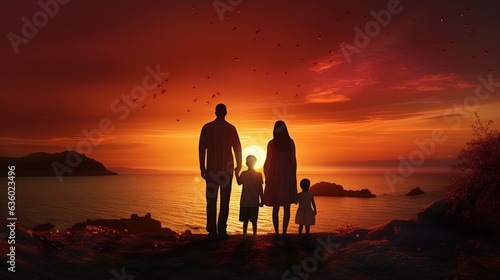 Family silhouette observing a breathtaking sunset © HN Works