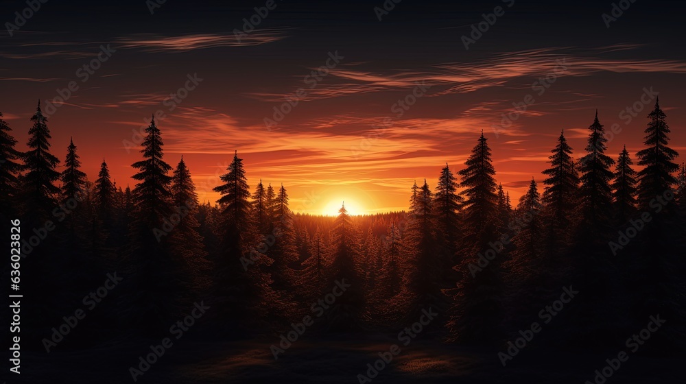 Fir forest at sunset. silhouette concept