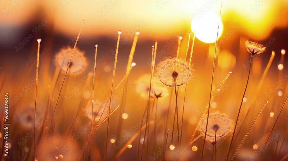 Selective focus on dew covered grass flower in a meadow at sunrise. silhouette concept