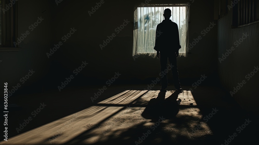 Person s shadow cast on the ground by a figure in front of a grimy window. silhouette concept