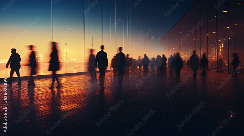 Twilight walkway with blurred silhouettes of walking people