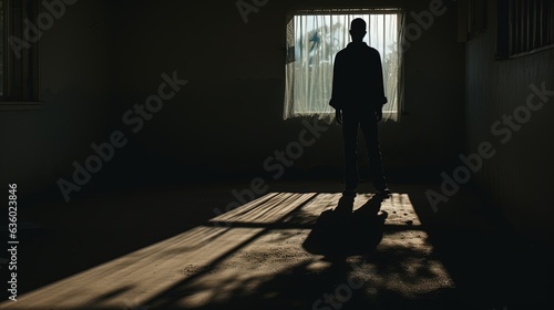 Person s shadow cast on the ground by a figure in front of a grimy window. silhouette concept