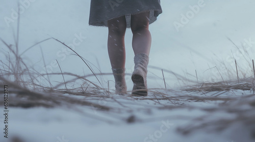 Low section of someone walking over a snowy floor in a winter day 