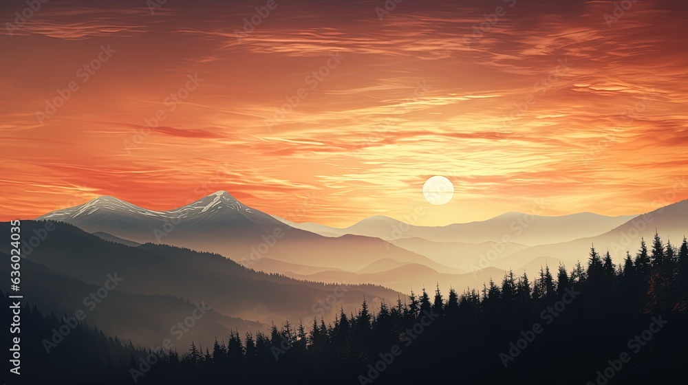 Gorgeous sunset over Carpathian mountains. silhouette concept