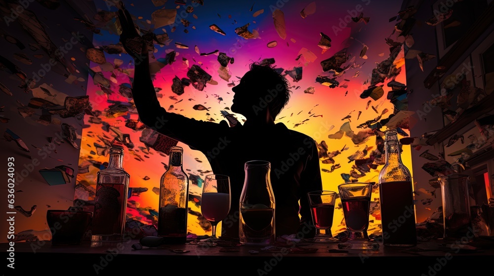 Excessive alcohol consumption depicted by man s silhouette - obrazy, fototapety, plakaty 