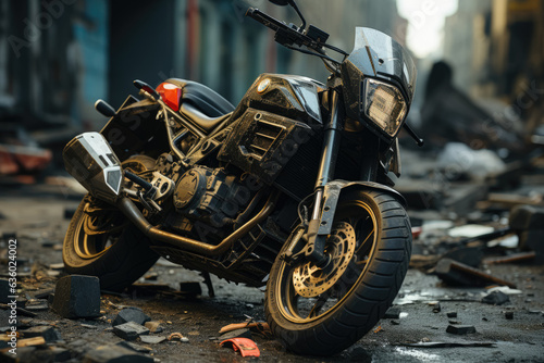 Fragments of a broken motorcycle scattered on the pavement. Generative Ai.
