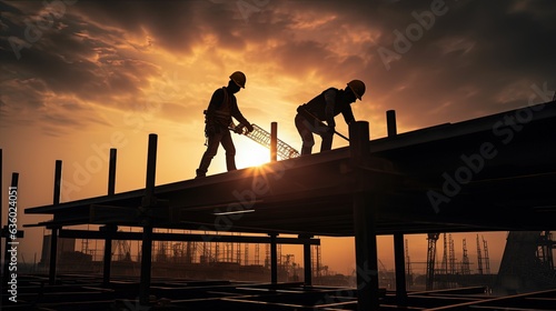 Two workers on falsework in a silhouette photo