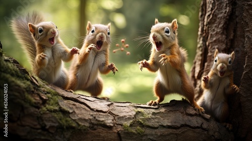  a group of squirrels standing on a tree branch with their mouths open.  generative ai © Anna