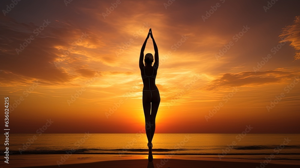 Female gymnast s shadow in beach sunset. silhouette concept