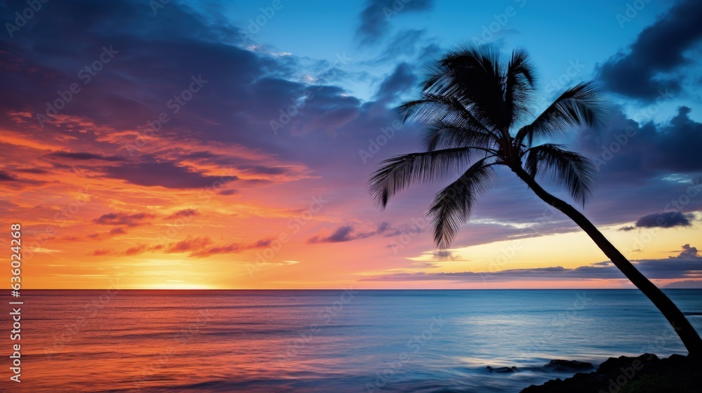 A palm tree silhouette against a vibrant sunset on Kaanapali Beach in Maui