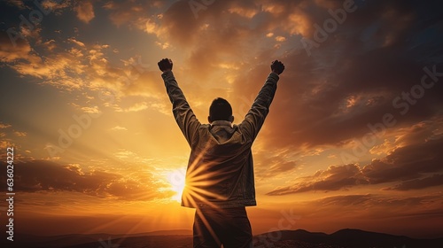 Young man raises his hands at sunset. silhouette concept