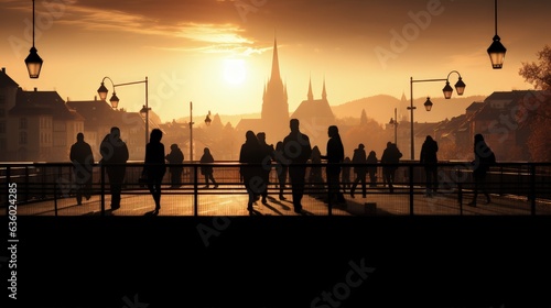 Pedestrians on Freiburg bridge cast shadows. silhouette concept