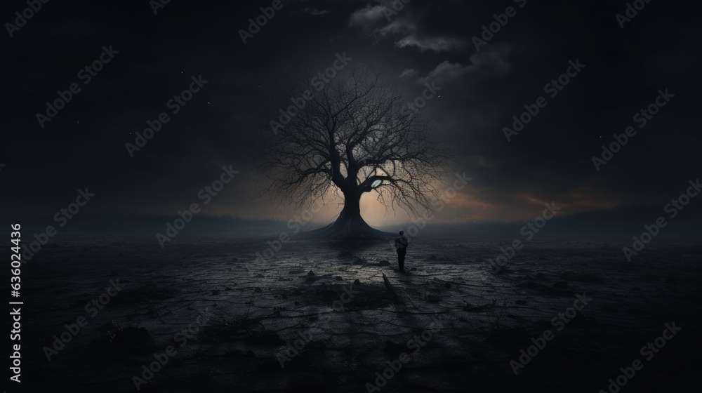 The bare spooky tree stands alone in eerie silence. silhouette concept