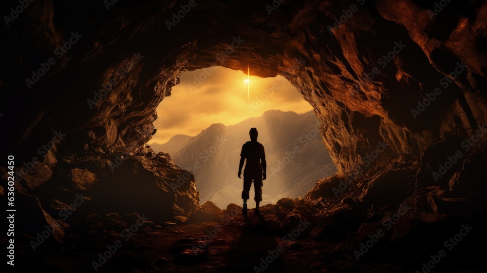 Fototapeta premium cave explorer s shadow. silhouette concept