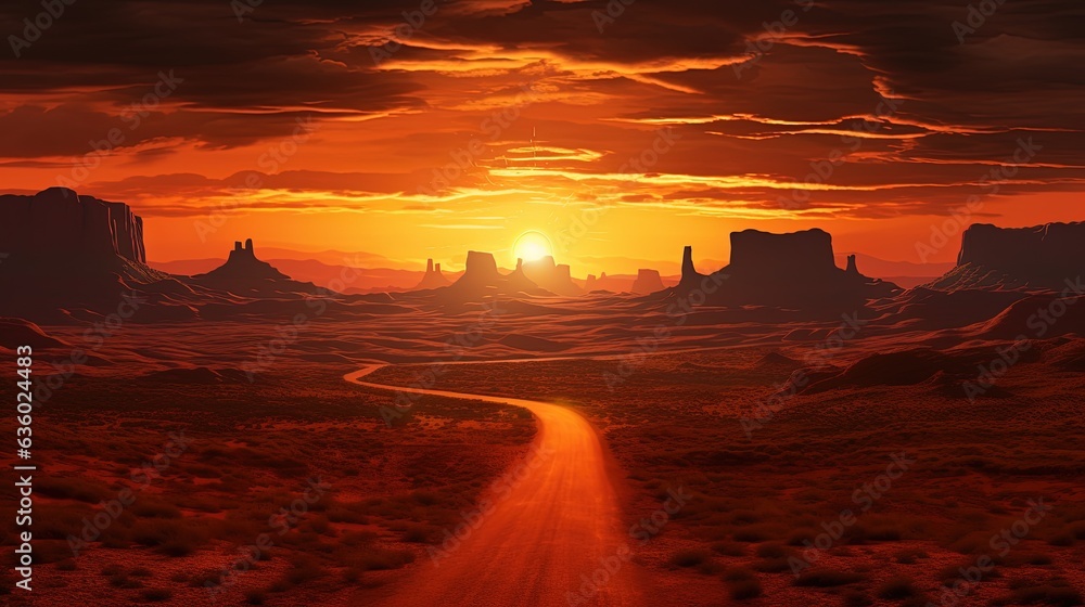 Sunrise on scenic road heading to Monument Valley Park in Utah. silhouette concept