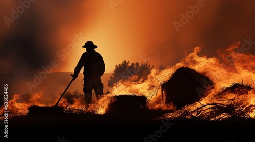 Firefighter extinguishing hay bale blaze. silhouette concept