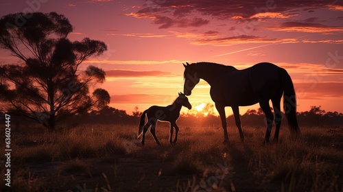 Brumby Mare and her Foal seen at dawn. silhouette concept